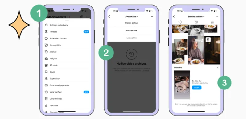 screenshots showing different steps to access archived stories on Instagram