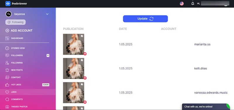 Screenshot of the Peekviewer dashboard showing Instagram account insights, including likes, followers and comments